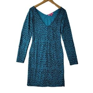 VTG Betseyville Dress Turquoise Cheetah Print Angora & Wool Long Sleeve Knit M